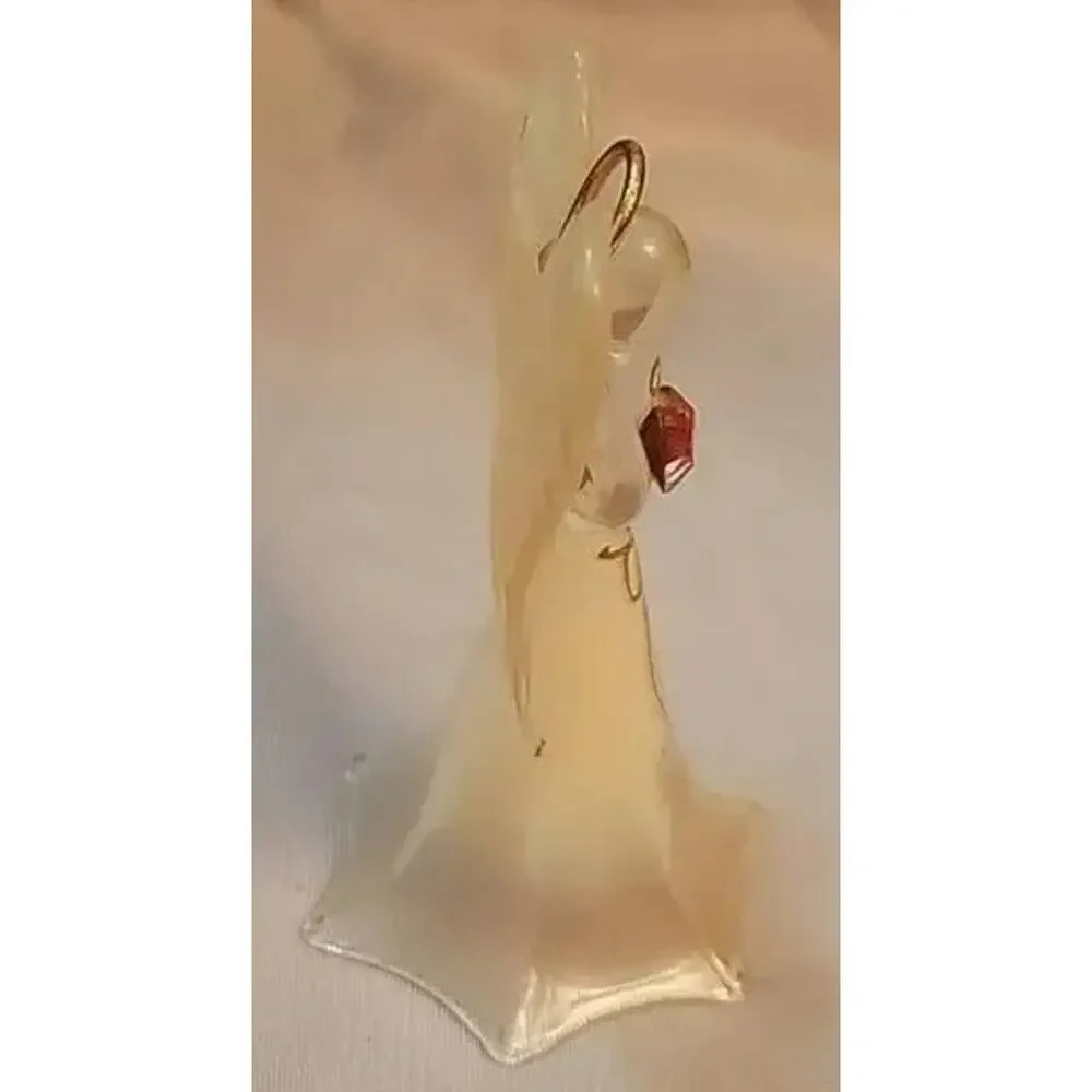 Vintage Glass Christmas Angel with Halo, Golden Painted Robe, and Pink Gem